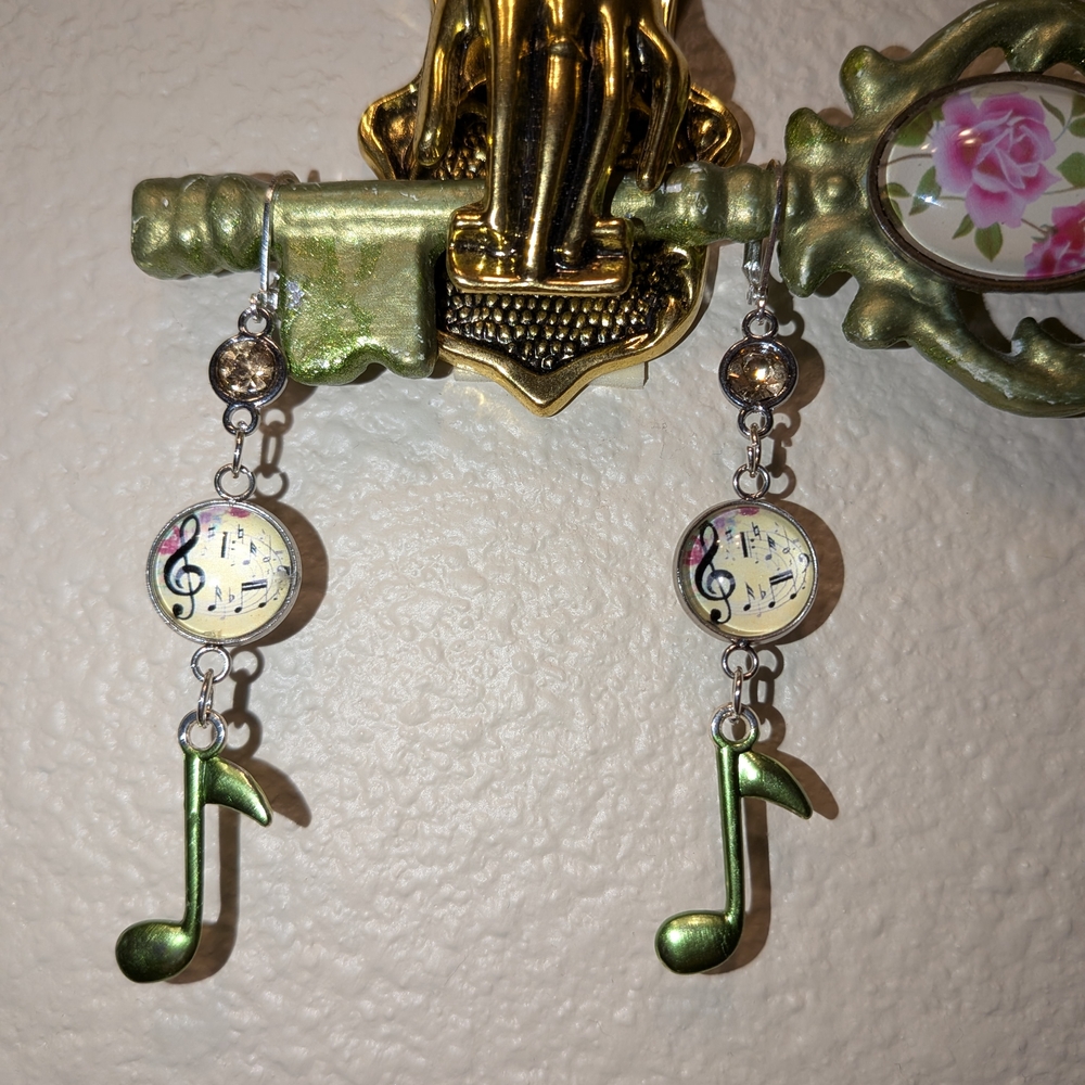 Musical Note Dangle Earrings in Green and Silver